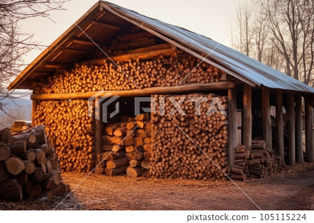 chopped firewood stacked neatly against a rustic barn, created with generative ai 105115224