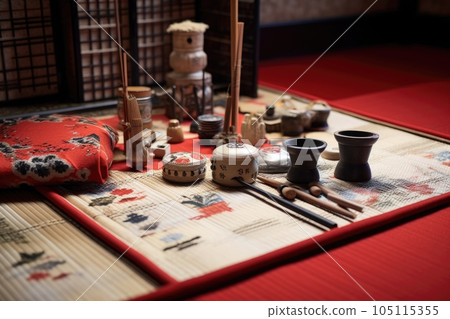 tea ceremony utensils displayed on a tatami mat, created with generative ai 105115355