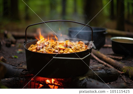 jambalaya bubbling in a pot over crackling open fire, created with generative ai 105115425