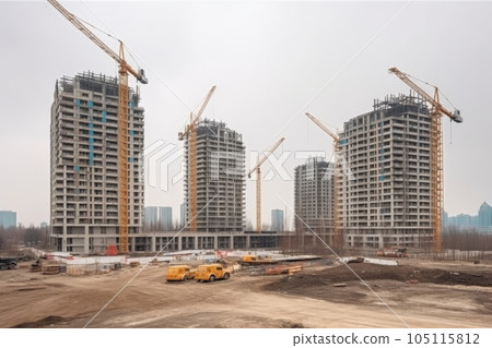 skyscraper is being constructed with modern machinery, including cranes and bulldozers, created with generative ai 105115812
