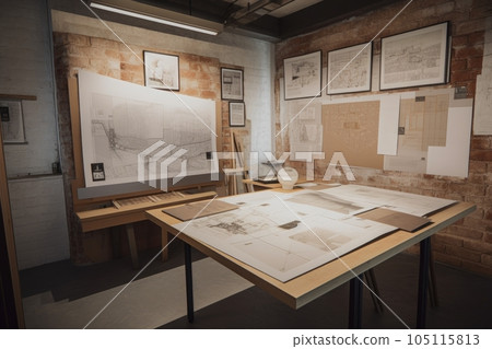 architect's studio, with blueprints and mock-ups of the proposed building on every available surface, created with generative ai 105115813