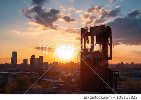 skectyscraper with view of the sun setting behind the city skyline, created with generative ai 105115822