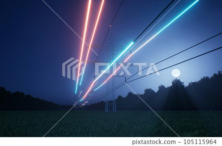 Visualization of energy flowing through power tower lines over night sky. Infrastructure ensuring transmission of electricity through voltage distribution cables, 3D render animation 105115964