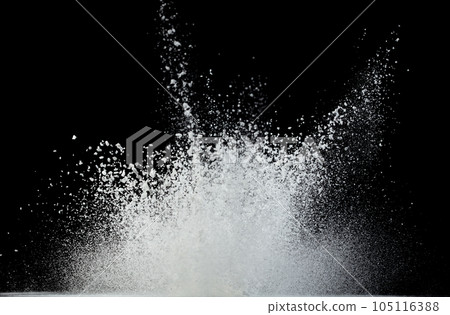 Tapioca starch flour fly explosion, White powder tapioca starch fall down in air. Seasoning flour powder is element material. Eyeshadow crush make up. Black background Isolated selective focus blur Tapioca starch flour fly explosion, White powder tapioca starch fall down in air. Seasoning flour powder is element material. Eyeshadow crush make up. Black background Isolated selective focus blur 105116388