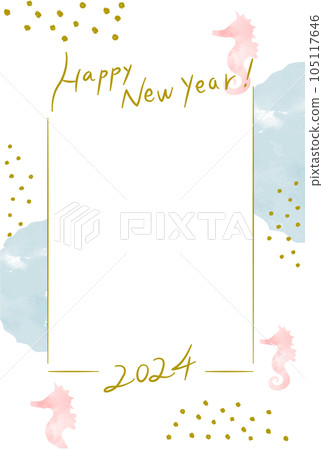 可愛的龍 2024 年相框 新年賀卡 水彩插圖 105117646