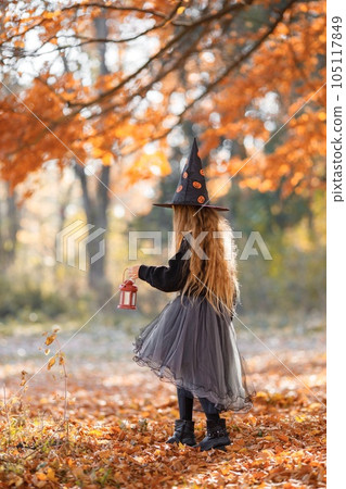 Cute happy little girl dressed in witch costume standing with over autumn forest background. Girl wearing dress and cone hat and holding a lantern. Girl dressed for Halloween. 105117849