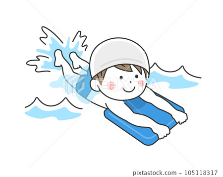 Illustration of a boy practicing using a kickboard at a swimming school 105118317