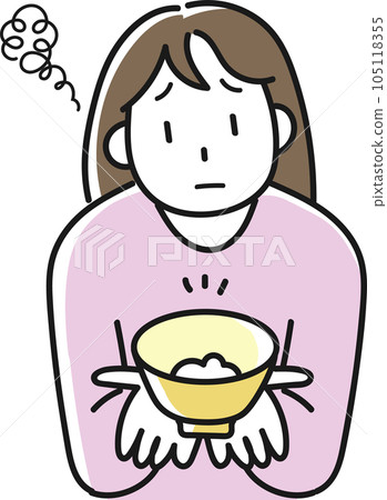 減少大米飲食,臉上不滿意的年輕女性 減少大米飲食,臉上不滿意的年輕女性 105118355