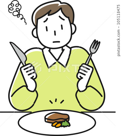 A young man with a dissatisfied face by reducing the amount of food for dieting A young man with a dissatisfied face by reducing the amount of food for dieting 105118475