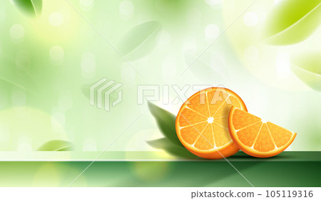 Juicy oranges with green leaves on premium podium display for product. applicable for fruit juice advertising. cosmetics vitamin C or skin care. vector design. 105119316
