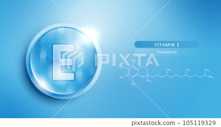 Drop water vitamin E blue and structure. vitamin solution complex with chemical formula from nature. beauty treatment nutrition skin care design. medical and scientific concepts for cosmetic. vector. 105119329