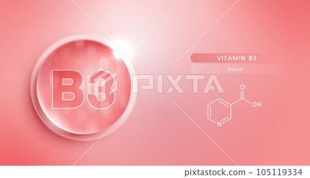 Drop water vitamin B3 red and structure. vitamin solution complex with chemical formula from nature. beauty treatment nutrition skin care design. medical and scientific concepts for cosmetic. vector. 105119334