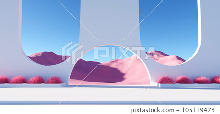 3d render Surreal pastel landscape background with geometric shapes, abstract fantastic desert dune in seasoning landscape with arches, panoramic, futuristic scene with copy space, blue sky and cloudy 105119473
