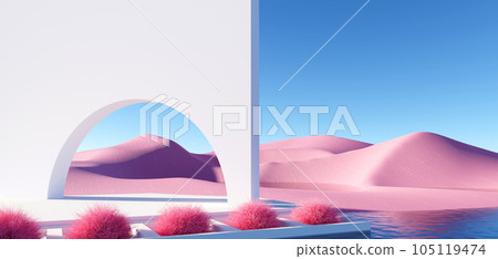 3d render Surreal pastel landscape background with geometric shapes, abstract fantastic desert dune in seasoning landscape with arches, panoramic, futuristic scene with copy space, blue sky and cloudy 105119474