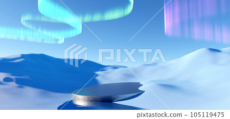 3d render Surreal pastel landscape background with geometric shapes, abstract fantastic desert dune in seasoning landscape with arches, panoramic, futuristic scene with copy space, blue sky and cloudy 105119475