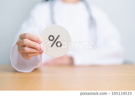 Woman show percentage symbol paper. Medical services, discount and promotion, Health, Diagnosis  and Medical concept 105119533