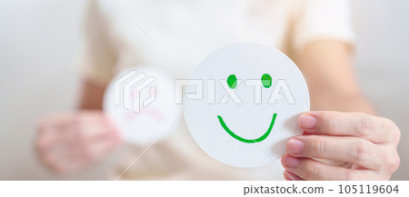 Woman show Happy Smile face paper, Mental health Assessment, Psychology, Health Wellness, Feedback, Customer Review, Experience, Satisfaction Survey, Positive Thinking and World Mental Health day Woman show Happy Smile face paper, Mental health Assessment, Psychology, Health Wellness, Feedback, Customer Review, Experience, Satisfaction Survey, Positive Thinking and World Mental Health day 105119604