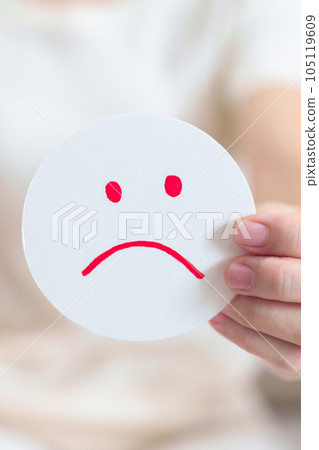 Woman show Unhappy Sad face paper, Mental health Assessment, Psychology, Health Wellness, Feedback, Customer Review, Experience, Satisfaction Survey, Negative Thinking and World Mental Health day 105119609