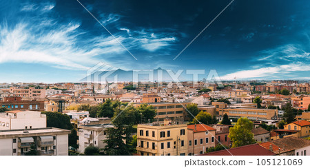 Terracina, Italy. Skyline View Of Terracina With Circeo Promontory And Tyrrhenian Sea In Background Terracina, Italy. Skyline View Of Terracina With Circeo Promontory And Tyrrhenian Sea In Background 105121069