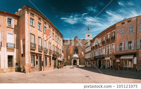 Perpignan, France. Leon Gambetta Square And Cathedral Basilica Of Saint John The Baptist Of Perpignan In Sunny Summer Day 105121075