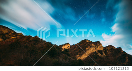 Mtskheta, Georgia. Autumn Night Starry Sky With Glowing Stars Above Limestone Canyon 105121213