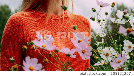 Young Pretty Caucasian Happy Girl Woman In Woolen Jacket Blouse At Flowers Field. Self Confidence. Calmness And Tranquility. Healthy Lifestyle Concept. Stress Less. Practice Mindfulness Young Pretty Caucasian Happy Girl Woman In Woolen Jacket Blouse At Flowers Field. Self Confidence. Calmness And Tranquility. Healthy Lifestyle Concept. Stress Less. Practice Mindfulness 105121297