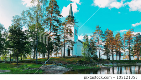Tocksfors, Sweden. Stommen Church In Sunny Summer Day. Local Landmark. Travel To Sweden Tocksfors, Sweden. Stommen Church In Sunny Summer Day. Local Landmark. Travel To Sweden 105121353