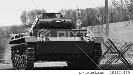 German Wehrmacht Light Panzer Tank Moves Into Position. German Wehrmacht World War Ii Automotive. Armored Combat Tank. Reconstruction Of Battles World War Ii. Black And White German Wehrmacht Light Panzer Tank Moves Into Position. German Wehrmacht World War Ii Automotive. Armored Combat Tank. Reconstruction Of Battles World War Ii. Black And White 105121479