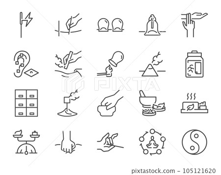 Traditional Chinese medicine icon set. It included medical, treatment, cure, heal and more icons. Editable Vector Stroke. 105121620