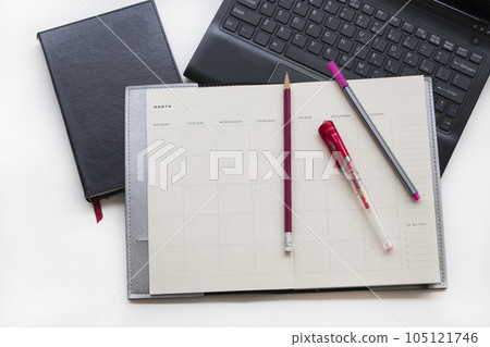 notebook planner, computer for business work arrangement flat lay style notebook planner, computer for business work arrangement flat lay style 105121746