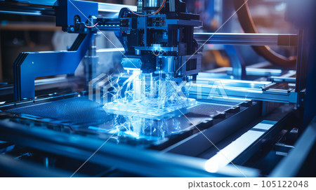 In action, a 3D printer fabricates complicated prototypes, demonstrating the significance of technology in quick prototyping and manufacturing.Sci-Fi Background In action, a 3D printer fabricates complicated prototypes, demonstrating the significance of technology in quick prototyping and manufacturing.Sci-Fi Background 105122048