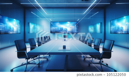 A business conference room with state-of-the-art video conferencing equipment, demonstrating the significance of technology in remote collaboration. Background 105122050