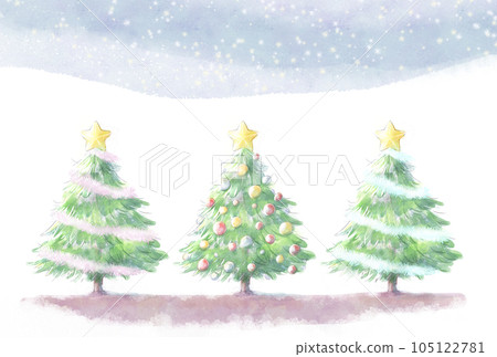 Illustration of Christmas trees lined up under the watercolor starry sky Illustration of Christmas trees lined up under the watercolor starry sky 105122781