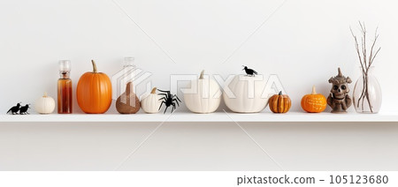 Halloween shelf decor with copy space against a white wall banner background. White shelf with pumpkin, spider and candle decor. Wide banner background for Halloween 105123680