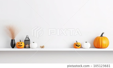 Halloween shelf decor with copy space against a white wall banner background. White shelf with pumpkin, spider and candle decor. Wide banner background for Halloween Halloween shelf decor with copy space against a white wall banner background. White shelf with pumpkin, spider and candle decor. Wide banner background for Halloween 105123681