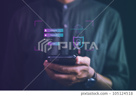 Access to personal financial data with futuristic biometric fingerprint scanner on smartphone. Surveillance and security scanning of digital programs for cyber applications. future of secure identity. Access to personal financial data with futuristic biometric fingerprint scanner on smartphone. Surveillance and security scanning of digital programs for cyber applications. future of secure identity. 105124518