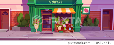 Cartoon flower shop facade in city street 105124519