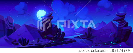 Night desert landscape with river, sandy dunes Night desert landscape with river, sandy dunes 105124579