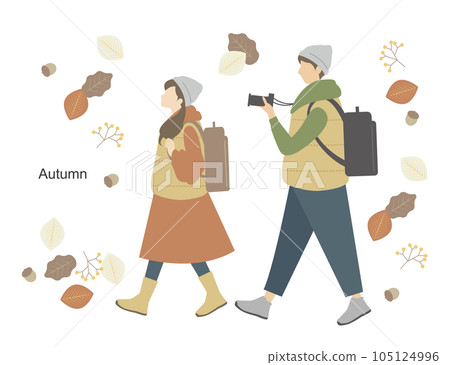 Autumn sightseeing Illustration material of a young couple with a camera and a backpack Vector couple 105124996