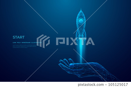 Digital rocket launch from the human abstract palm in outer space. 105125017
