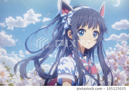 Cute girl and cosmos flower background 105125035