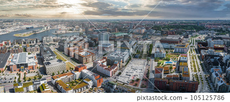 Beautiful aerial view of the Vastra Hamnen- The Western Harbour -district in Malmo, Sweden. Panoramic aerialview. 105125786