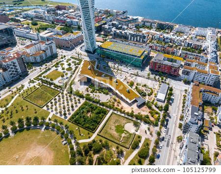Beautiful aerial panoramic view of the Malmo city in Sweden. Turning Torso skyscraper in Malmo, Sweden. 105125799