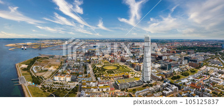 Beautiful aerial view of the Vastra Hamnen- The Western Harbour -district in Malmo, Sweden. Panoramic aerialview. 105125837