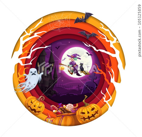 Halloween paper cut banner with midnight castle, flying witch, ghosts and pumpkins. Vector holiday papercut double exposition design with 3d effect frame, sweets, hag on broom with cat at night sky 105125859