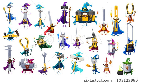 Cartoon tools wizard and warlock characters. Vector wallpaper roll, axe, drill, file or fretsaw, ruler pliers, jigsaw and planer, vice, trowel, tape measure, hammer or sledgehammer fantasy mages set 105125969