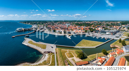 Aerial view of Kronborg castle with ramparts, ravelin guarding the entrance to the Baltic Sea and the Oresund in Helsingor Denmark 105125974