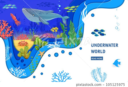 Landing page, cartoon whale, fish shoal and sea paper cut landscape. Vector web banner with underwater world animals, squid, crab, tropical seaweeds and coral reefs. Ocean biodiversity 3d papercut art 105125975