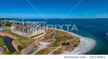 Aerial view of Kronborg castle with ramparts, ravelin guarding the entrance to the Baltic Sea and the Oresund in Helsingor Denmark 105126001