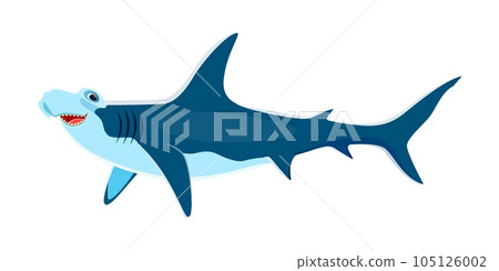 Hammerhead shark character, fascinating sea creature with hammer-shaped head. Isolated cartoon vector powerful predator with excellent sensory perception, skilled hunter in the ocean habitats Hammerhead shark character, fascinating sea creature with hammer-shaped head. Isolated cartoon vector powerful predator with excellent sensory perception, skilled hunter in the ocean habitats 105126002